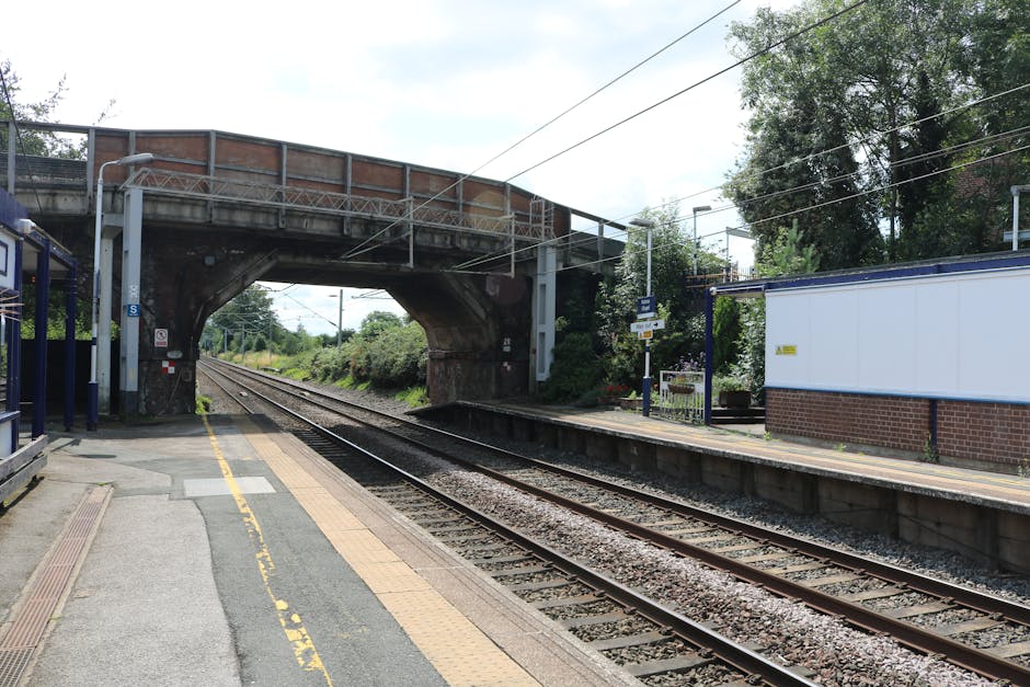 The image shows a train station platform viewed from ground level, with a large metal canopy overhead supported by dark blue steel beams and cross-girders, providing shelter for passengers. On the lef
